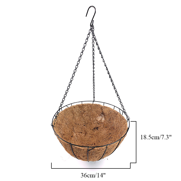 Cesta colgante decorativa de fibra de coco para jardín y Patio al aire libre, 14 pulgadas, forros de fibra de coco negros, maceteros colgantes