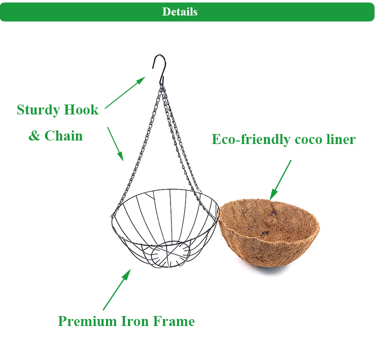 Cesta colgante decorativa de fibra de coco para jardín y Patio al aire libre, 14 pulgadas, forros de fibra de coco negros, maceteros colgantes
