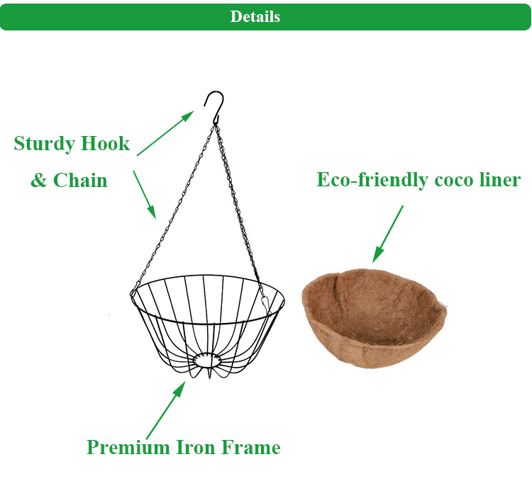 Cesta colgante de Metal para plantas de interior y exterior, decoración de jardín, revestimiento redondo de fibra de coco, cesta colgante de coco