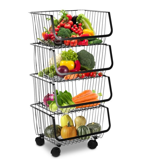 Cesta de almacenamiento de alambre para cocina, contenedores apilables para almacenamiento de patatas y cebollas, cestas de frutas y verduras con ruedas, carrito rodante apilable de Metal